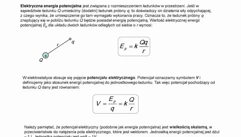 Układ dwóch ładunków Q i q, odległych o r, posiada energię potencjalną Ep. Wzór na Ep opisuje tę energię mechaniczną.