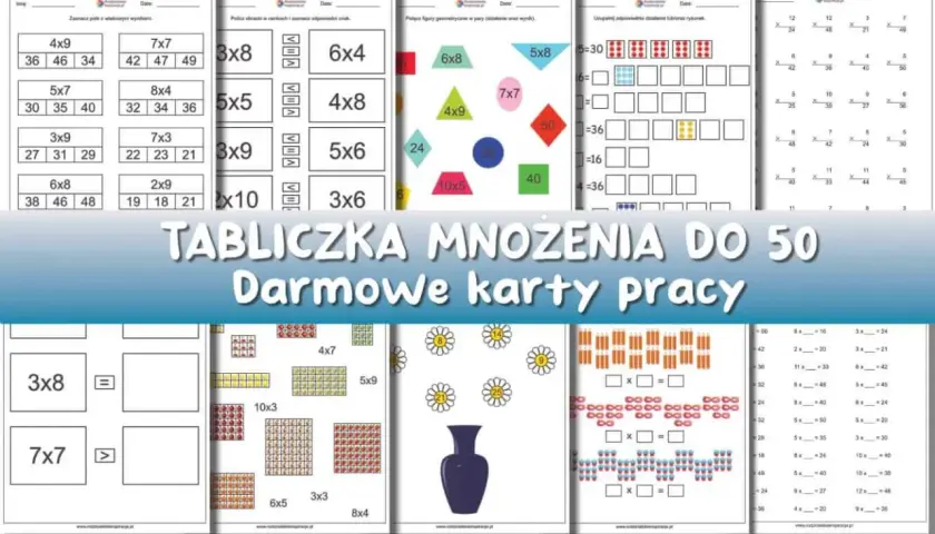 Zestaw kart pracy do nauki mnożenia do 50. Ćwiczenia z mnożenia, figur geometrycznych i obrazków.