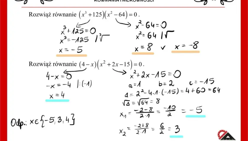 Rozwiązywanie równań wielomianowych: (x³+125)(x²-64)=0 daje x=-5, x=8, x=-8. Drugie równanie (4-x)(x²+2x-15)=0 ma rozwiązania x=4, x=3, x=-5.