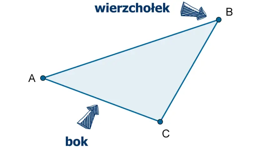 Trójkąt ABC z zaznaczonym wierzchołkiem i bokiem. Strzałka wskazuje na bok, a napis "wierzchołek" na punkt B.