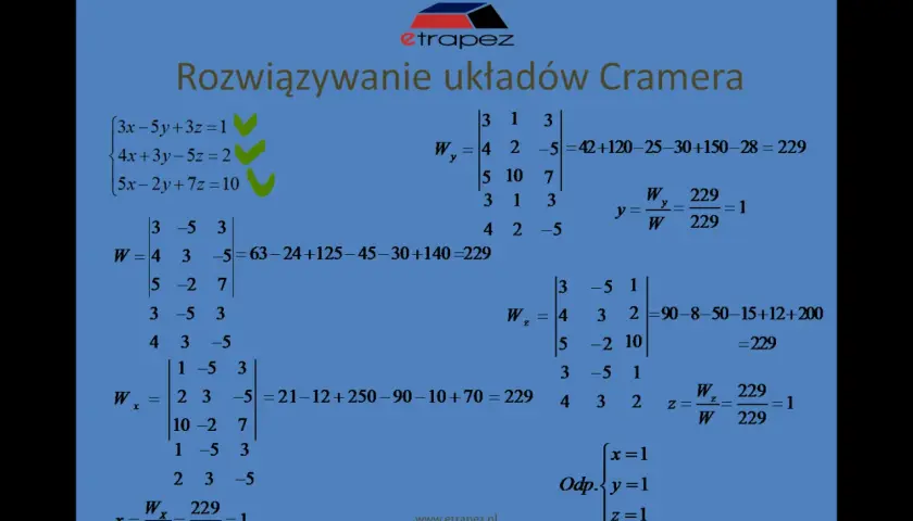Rozwiązywanie układów równań metodą Cramera. Obliczenia wyznaczników i wartości zmiennych x, y, z.