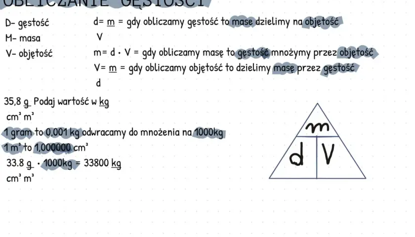 Obliczanie gęstości: wzory i przykłady. Gęstość (d) to masa (m) podzielona przez objętość (V).