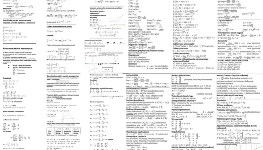 Zbiór wzorów na calki, pochodne, logarytmy i inne zagadnienia matematyczne.