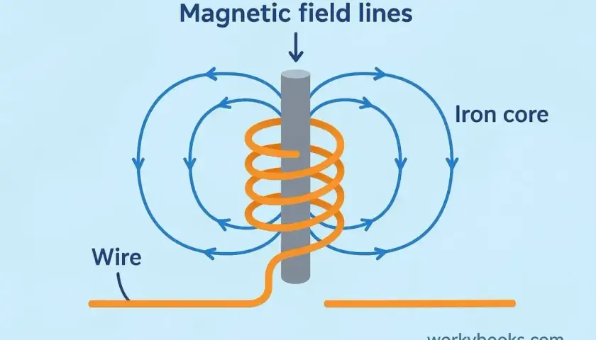 Ilustracja pokazuje, jak działa elektromagnes: drut nawinięty na rdzeń żelazny tworzy pole magnetyczne.