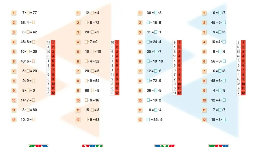 Zadania z matematyki, gdzie trzeba uzupełnić brakujące liczby, ćwicząc dzielenie w pamięci.