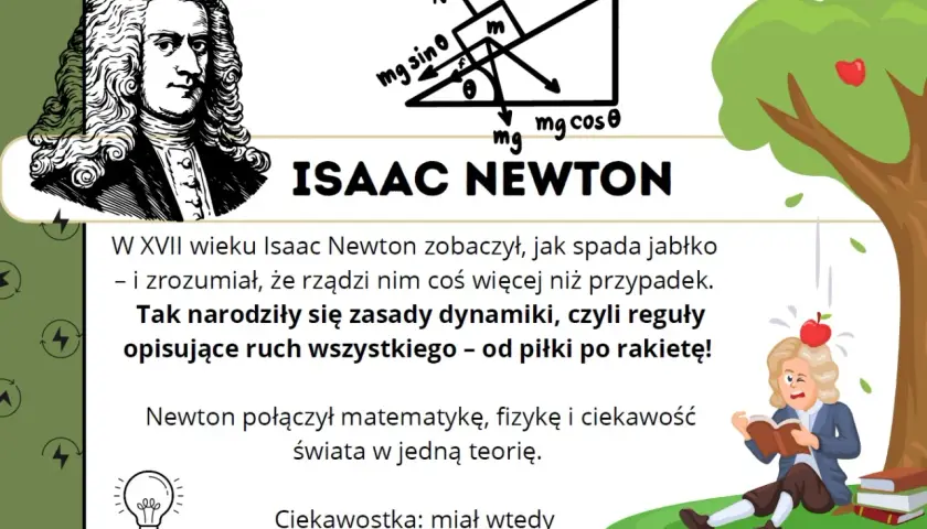 Portret Isaaca Newtona i schemat sił na równi pochyłej. Obrazek ilustruje zasady dynamiki Newtona, które narodziły się z obserwacji spadającego jabłka.