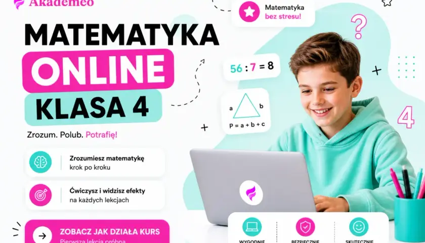 Chłopiec uśmiecha się, ucząc matematyki online. Kurs "Matematyka klasa 4" online, bez stresu, z efektami.