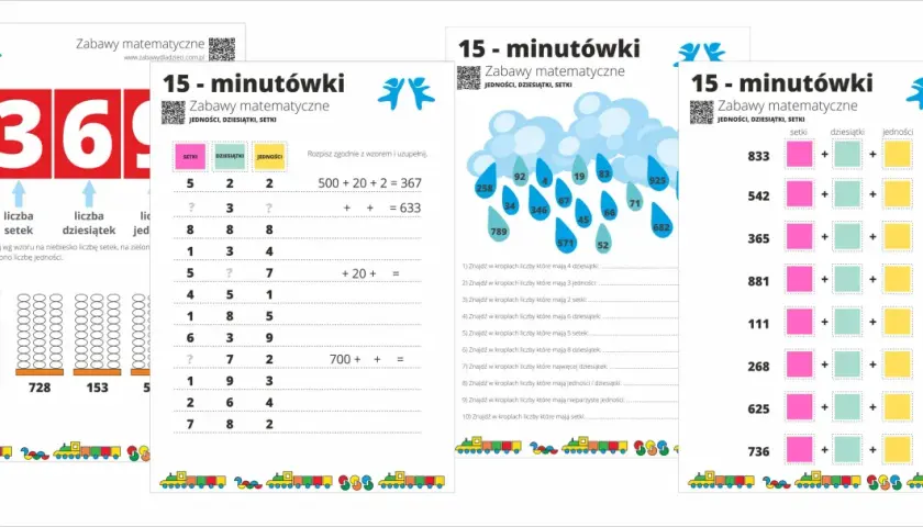 Zapis dziesiętny liczby trzycyfrowej na kartach pracy z zadaniami matematycznymi dla dzieci.
