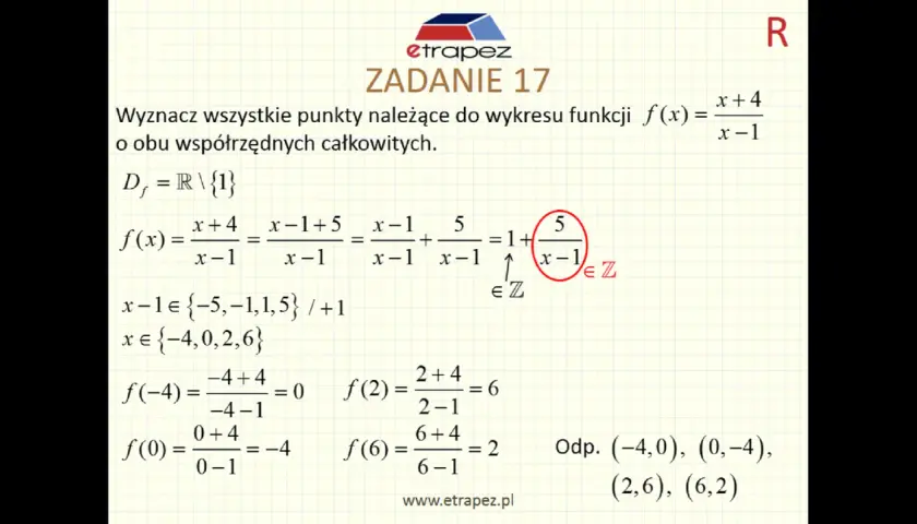 Rozwiązanie zadania 17 z funkcją kwadratową: wyznaczanie punktów o współrzędnych całkowitych dla f(x) = (x+4)/(x-1).
