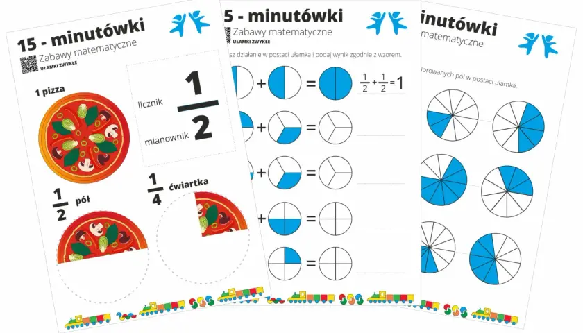 Zabawy matematyczne pokazują rodzaje ułamków na przykładzie pizzy i kół podzielonych na części.