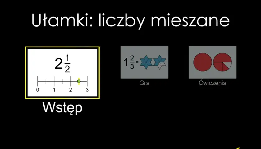 Wstęp: jak zamienić ułamek niewłaściwy na liczbę mieszaną. Liczba 2 i 1/2 na osi liczbowej. Gra i ćwiczenia.