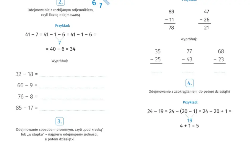 Zadania z matematyki dla klasy 4: odejmowanie z rozbijaniem liczby, pisemne i z zaokrąglaniem.