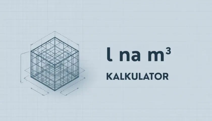 Siatka z zaznaczonymi wymiarami i napisem "l na m³ KALKULATOR" - narzędzie do przeliczania jednostek pojemności.