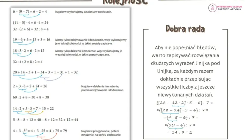 Klasa 8: kolejność wykonywania działań. Przykład z nawiasami, mnożeniem, dzieleniem, dodawaniem i odejmowaniem.