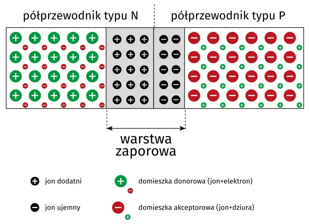 Schemat półprzewodnika typu N i P z warstwą zaporową. Pokazuje jony dodatnie i ujemne, domieszki donorowe i akceptorowe. Amplituda fali w tym kontekście to maksymalne wychylenie od położenia równowagi.