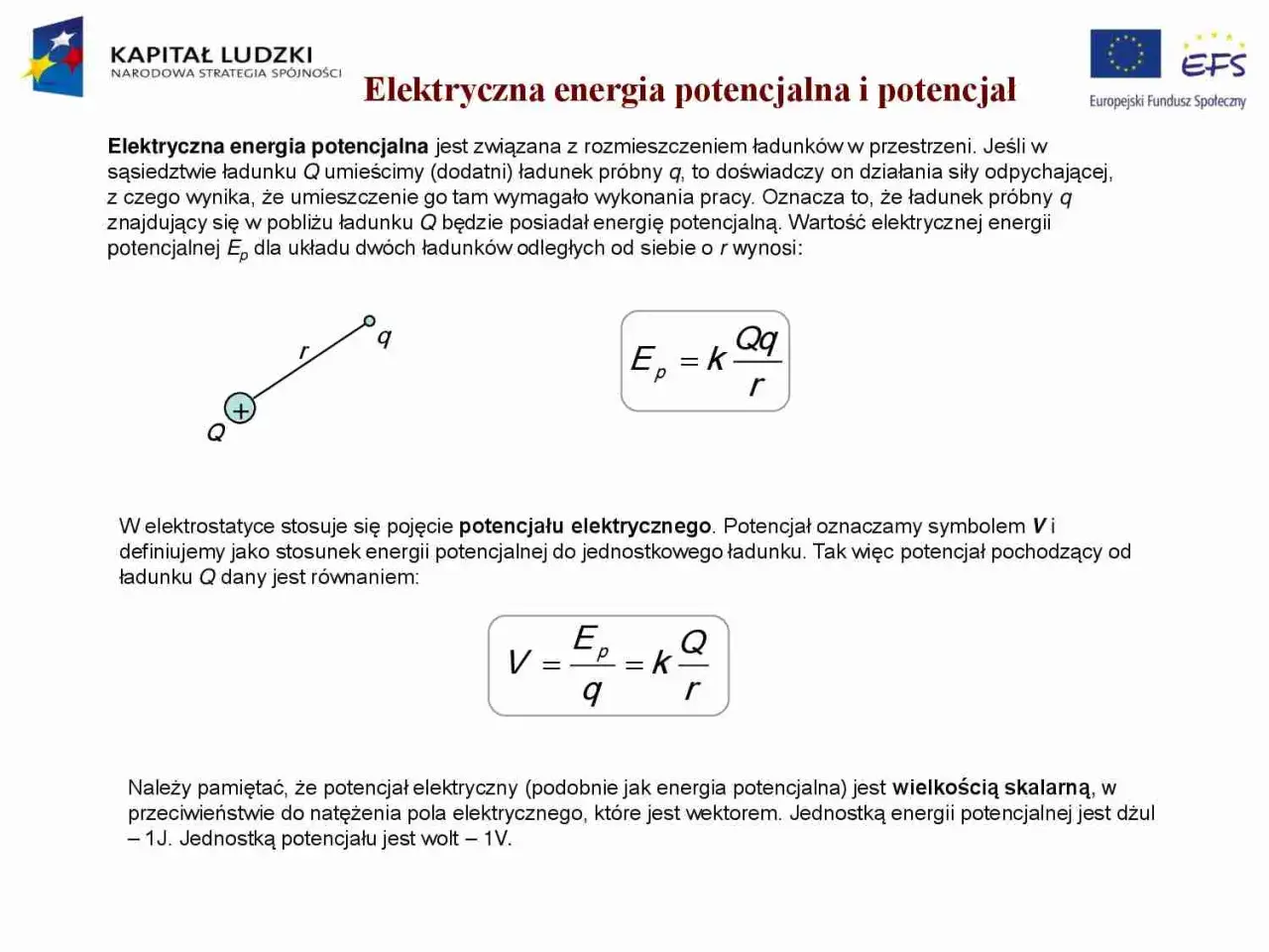 Ilustracja pokazuje zależność między energią potencjalną a kinetyczną ładunków. Wzór na energię potencjalną Ep.
