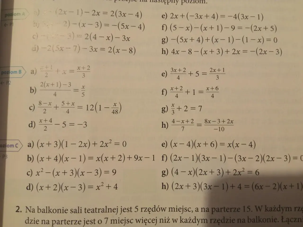Przykłady równań klasa 8: poziom A, B, C z różnymi zadaniami.