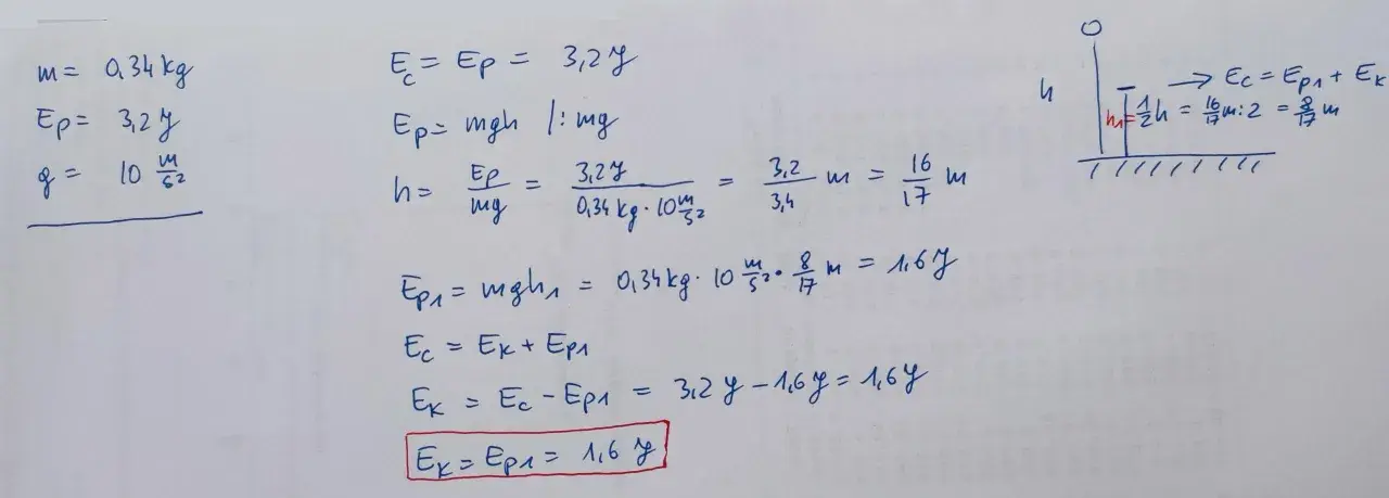 Obliczenia dotyczące energii potencjalnej grawitacji jednostki. Widać wzory i dane: m=0,34kg, Ep=3,2J, g=10m/s².