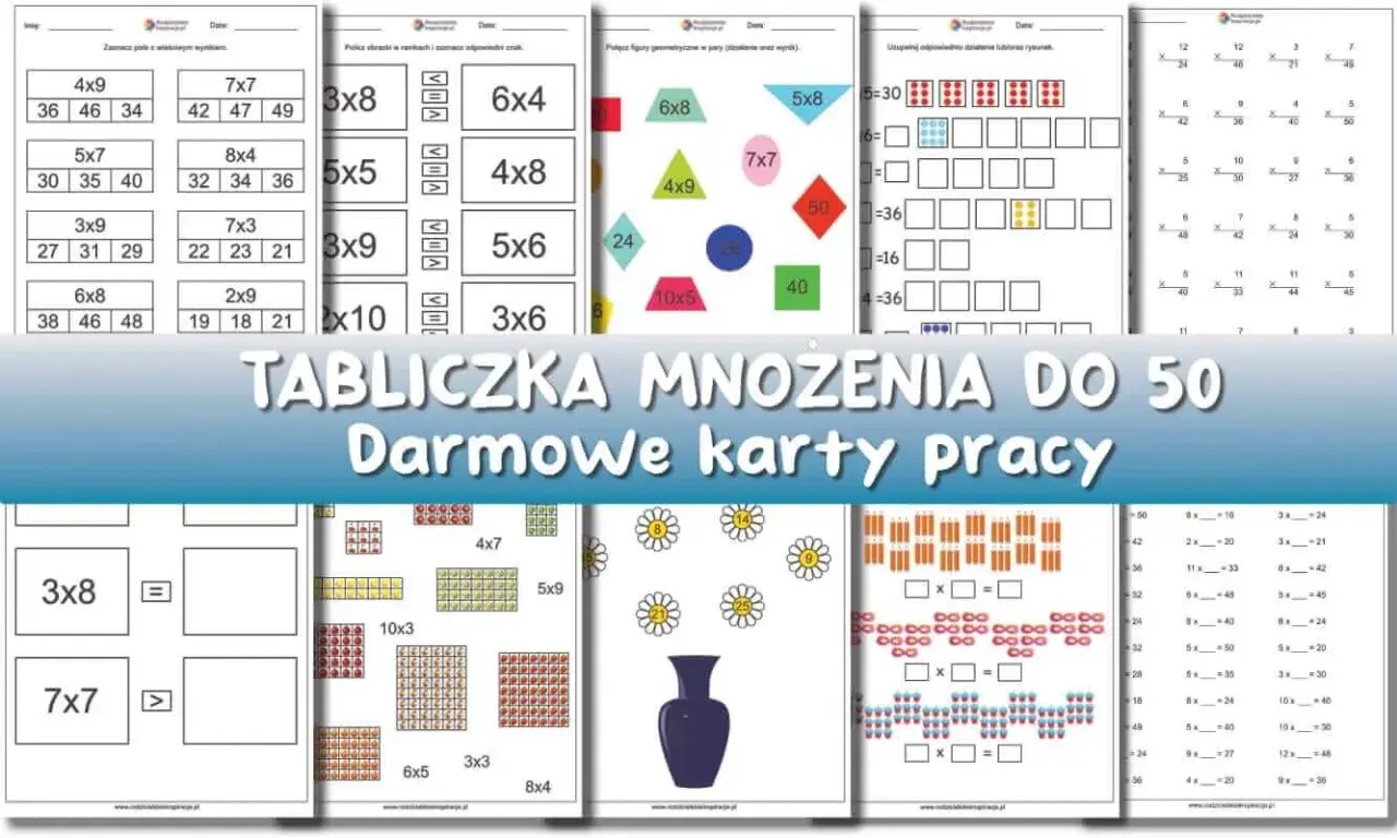 Zestaw kart pracy do nauki mnożenia do 50. Ćwiczenia z mnożenia, figur geometrycznych i obrazków.
