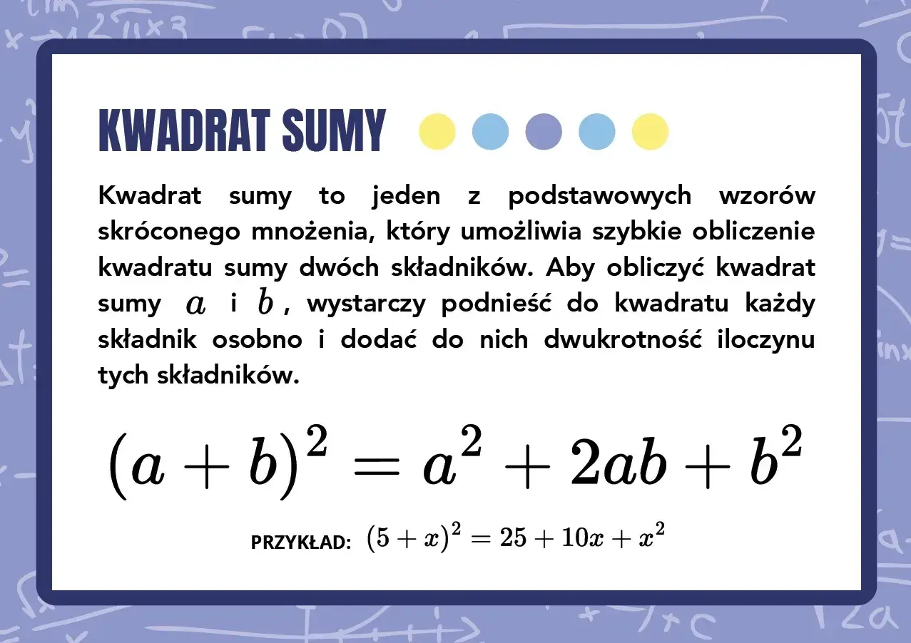 Wzór skróconego mnożenia na kwadrat sumy: (a + b)² = a² + 2ab + b². Przykład: (5 + x)² = 25 + 10x + x².