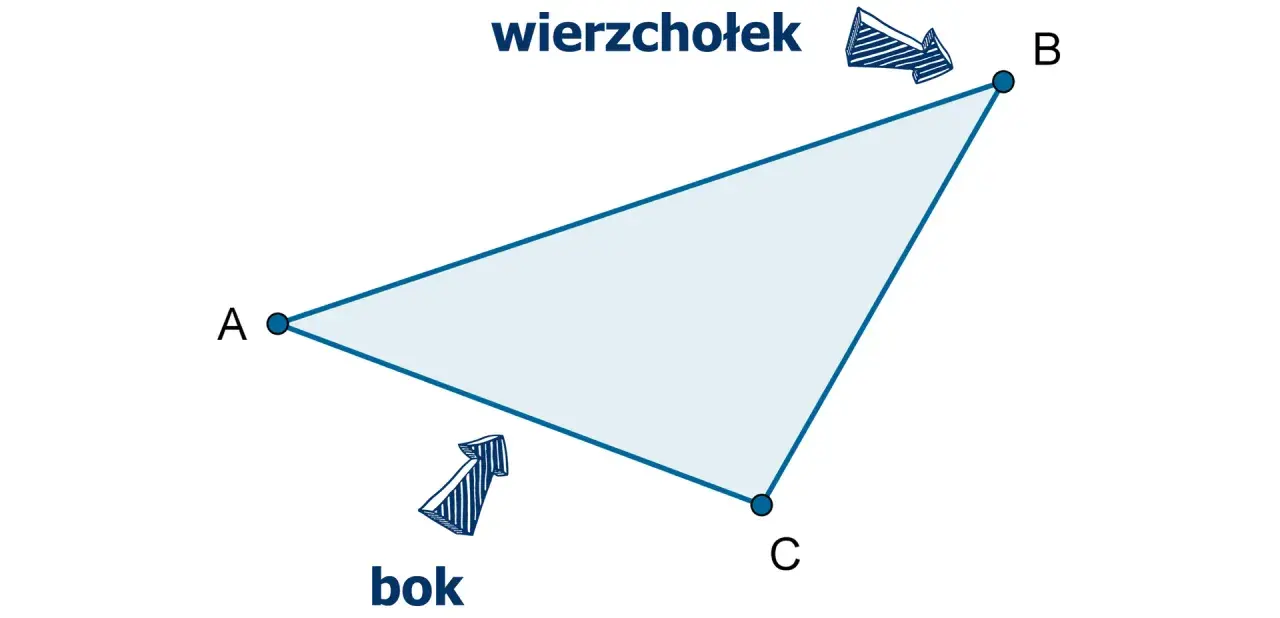 Trójkąt ABC z zaznaczonym wierzchołkiem i bokiem. Strzałka wskazuje na bok, a napis "wierzchołek" na punkt B.