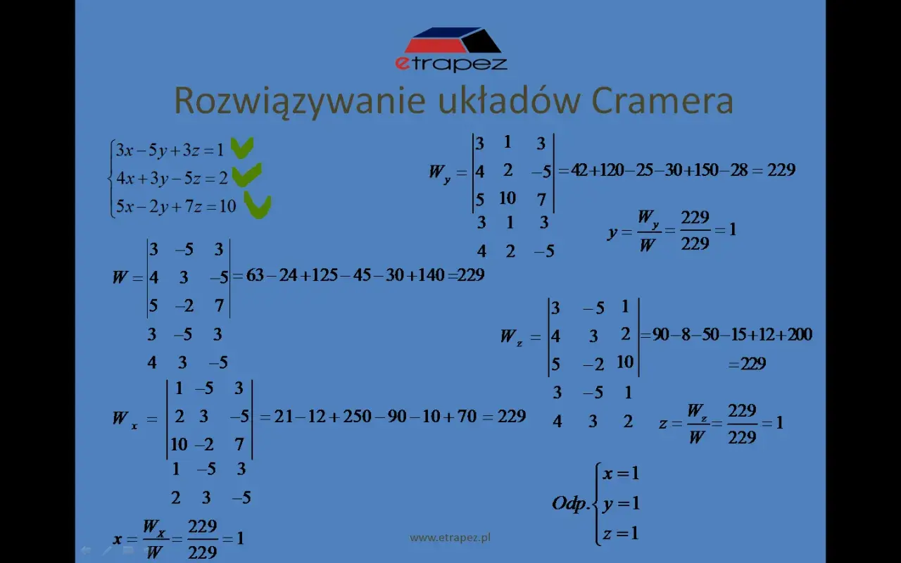 Rozwiązywanie układów równań metodą Cramera. Obliczenia wyznaczników i wartości zmiennych x, y, z.