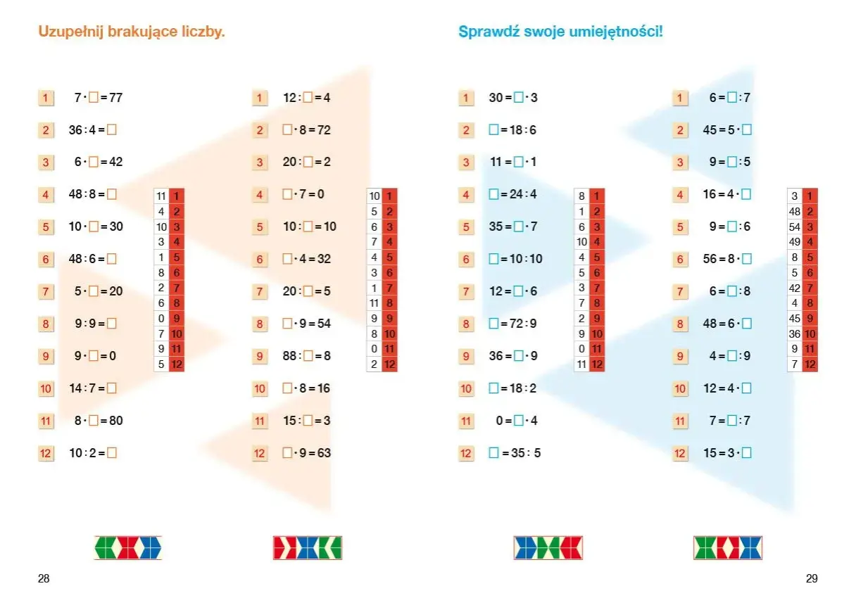 Zadania z matematyki, gdzie trzeba uzupełnić brakujące liczby, ćwicząc dzielenie w pamięci.
