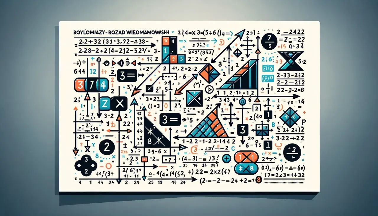 Rozkład wielomianu na czynniki, przedstawiony jako skomplikowany diagram z liczbami, symbolami matematycznymi i geometrycznymi kształtami.