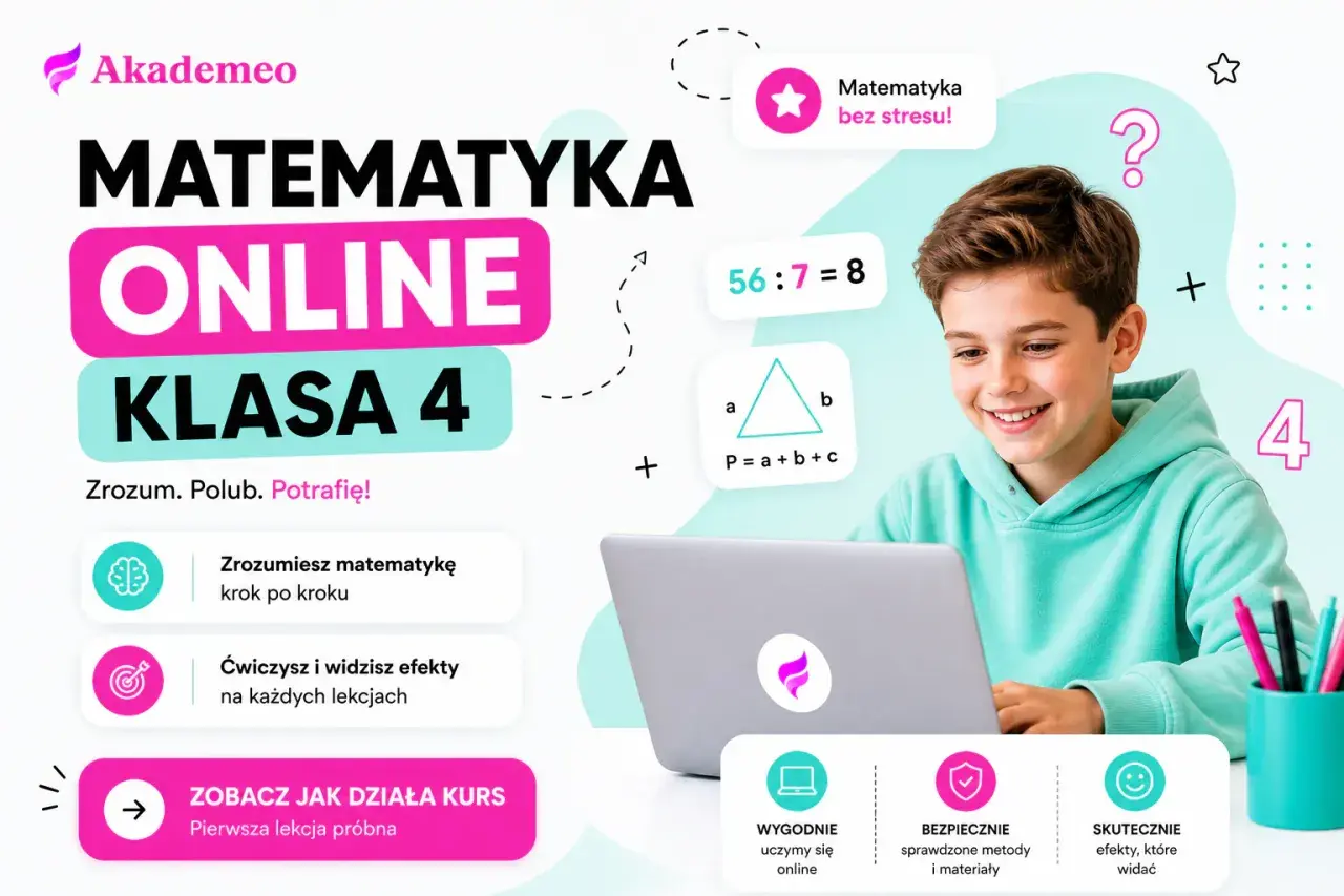 Chłopiec uśmiecha się, ucząc matematyki online. Kurs "Matematyka klasa 4" online, bez stresu, z efektami.