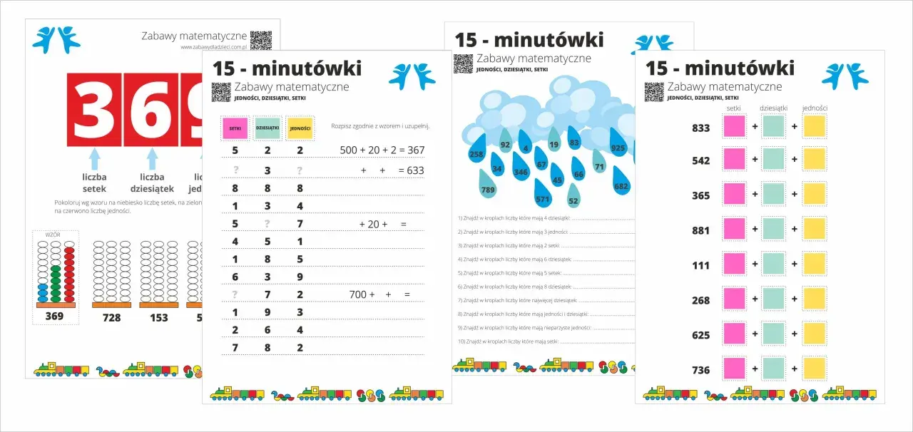Zapis dziesiętny liczby trzycyfrowej na kartach pracy z zadaniami matematycznymi dla dzieci.