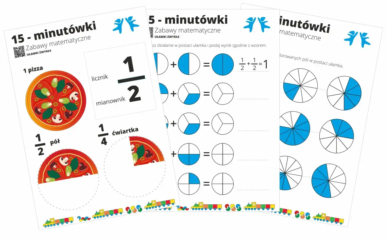 Zabawy matematyczne pokazują rodzaje ułamków na przykładzie pizzy i kół podzielonych na części.