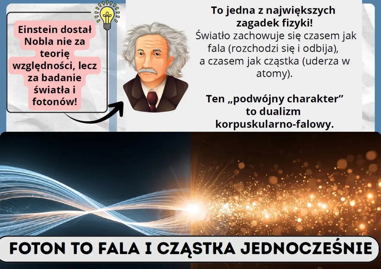 Einstein badał światło i jego właściwości, odkrywając dualizm korpuskularno-falowy. Foton to fala i cząstka jednocześnie.