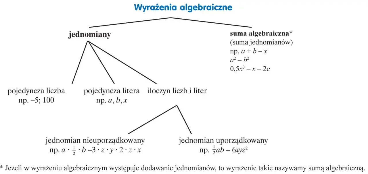 Schemat przedstawia podział wyrażeń algebraicznych na jednomiany i sumy algebraiczne. Przykłady obejmują liczby, litery, iloczyny, jednomiany uporządkowane i nieuporządkowane.