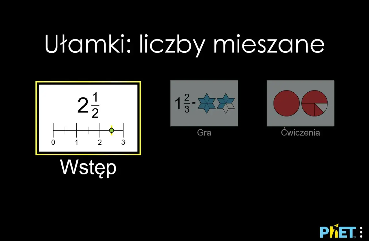 Wstęp: jak zamienić ułamek niewłaściwy na liczbę mieszaną. Liczba 2 i 1/2 na osi liczbowej. Gra i ćwiczenia.