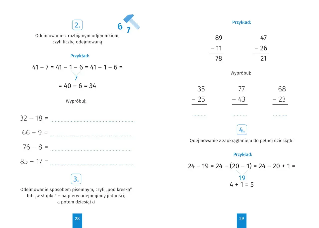Zadania z matematyki dla klasy 4: odejmowanie z rozbijaniem liczby, pisemne i z zaokrąglaniem.