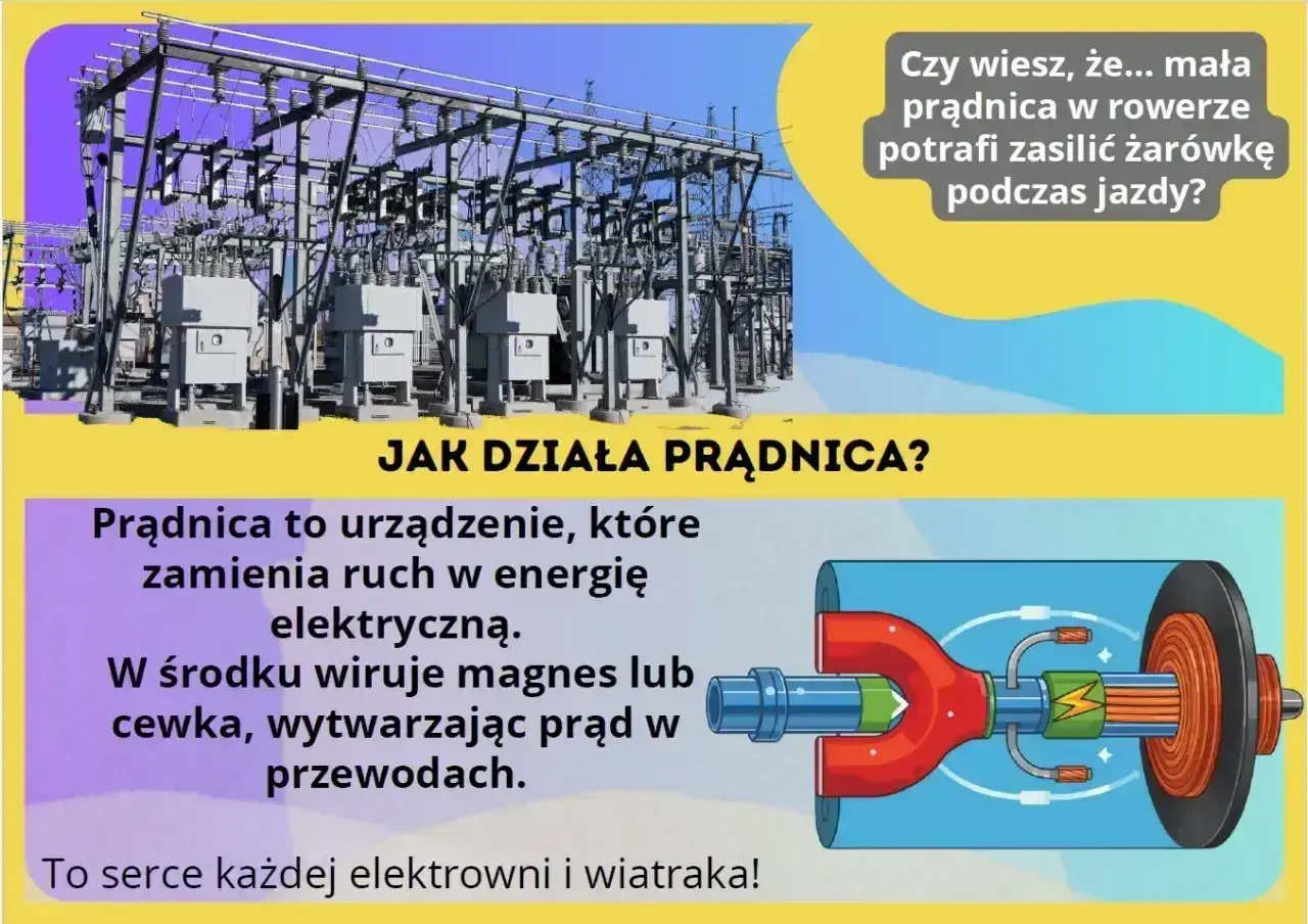 Prądnica zamienia ruch w energię elektryczną, pokonując opór. W środku wiruje magnes lub cewka, tworząc prąd. To serce elektrowni i wiatraków.