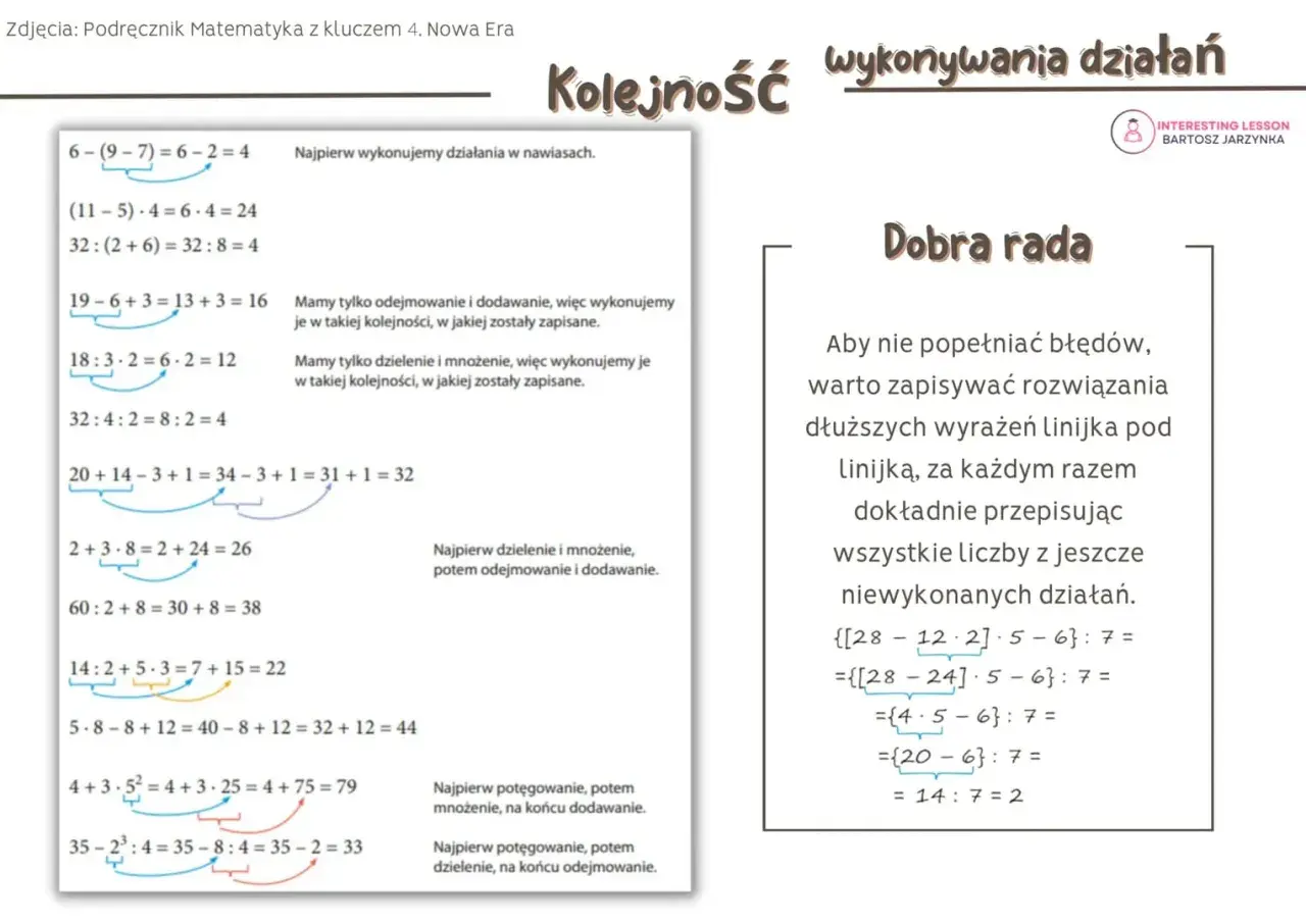 Klasa 8: kolejność wykonywania działań. Przykład z nawiasami, mnożeniem, dzieleniem, dodawaniem i odejmowaniem.