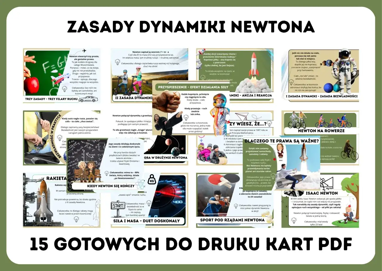 Fizyka dynamika klasa 7: zasady Newtona wyjaśnione na przykładach od jabłka po rakiety.