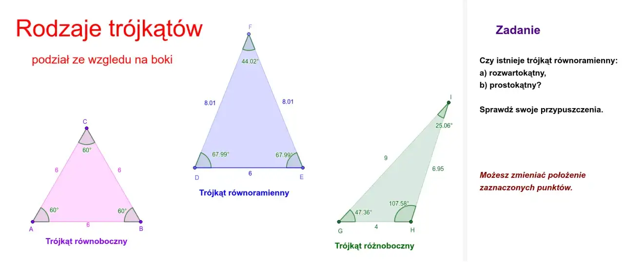 Tr&oacute;jkąt r&oacute;wnoboczny, r&oacute;wnoramienny i r&oacute;żnoboczny to rodzaje tr&oacute;jkąt&oacute;w. Zadanie pyta o istnienie tr&oacute;jkąta r&oacute;wnoramiennego rozwartokątnego lub prostokątnego.