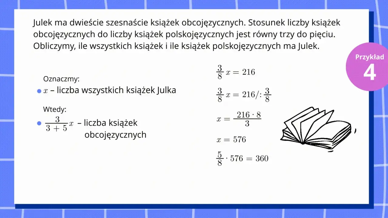 Podział proporcjonalny klasa 8: Julek ma 216 książek obcojęzycznych. Stosunek książek obcojęzycznych do polskojęzycznych to 3:5. Obliczamy, ile ma wszystkich książek.