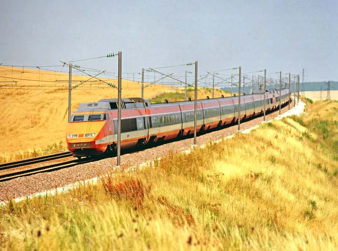 Pędzący pociąg TGV przez złote pola, ilustrujący względność ruchu.