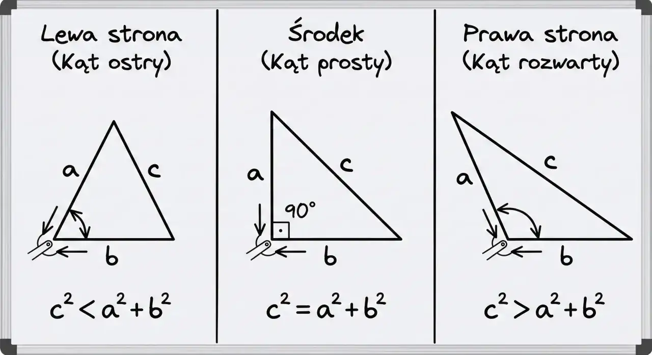 Ilustracja pokazuje trzy trójkąty i ich związki z twierdzeniem Pitagorasa: ostrokątny (c² < a²+b²), prostokątny (c² = a²+b²) i rozwartokątny (c² > a²+b²).